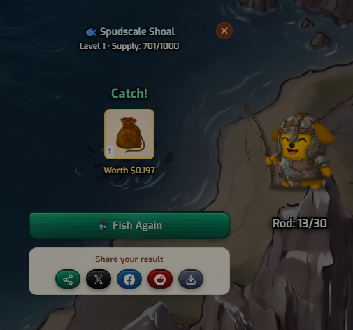 A mobile game screenshot showing a successful catch at 'Spudscale Shoal' (Level 1 - Supply: 701/1000) with a 'Worth 50,197' reward sack, a 'Fish Again' button, and a cartoon bear character fishing, labeled 'Rod: 13/30'.