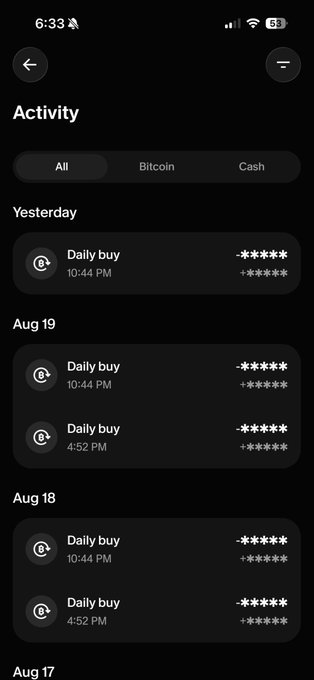 Mobile app screenshot showing a dark-mode 'Activity' page with tabs for All, Bitcoin, and Cash, listing daily purchases (with masked card numbers) on Yesterday, Aug 19, Aug 18, and Aug 17.