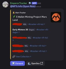 The image displays a Discord notification from EmperorTracker showing an alert for the "5 Wallet Minting Project Mars Land" collection, which detected 5 wallets minting at a price of 0.02 ETH (approximately $274). This directly supports the post's claim that EmperorTracker helped identify the early minting activity for the Project Mars Land project.