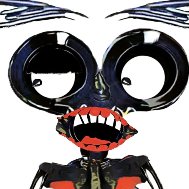 A stylized cartoon character with large round black eyes, antennae, and a wide mouth showing teeth with red lips.