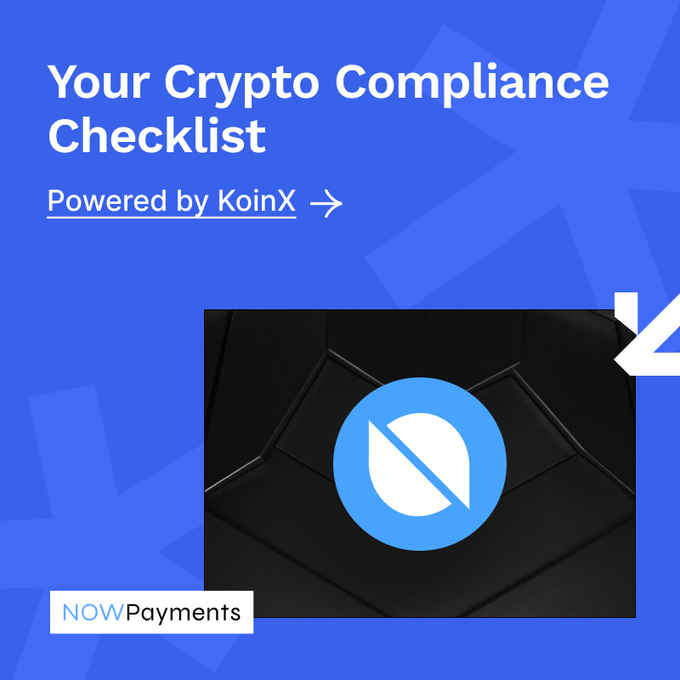 The image features a blue background with white text that reads "Your Crypto Compliance Checklist". Below this, there's an illustration of a black chair with a white circle on its seat, which has the words "No payments" written below it in white letters. The image also includes a watermark for the website "nowpayments".