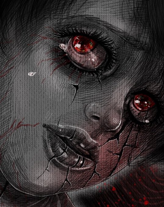 A dark, sketchy digital illustration of a stylized face with cracked skin, red eyes, and red handprints in the background.