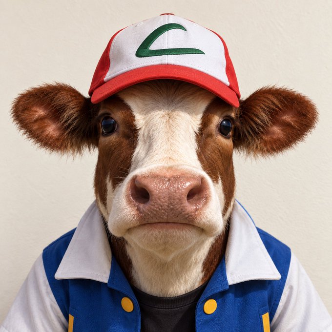 A close-up portrait of a brown and white cow wearing a red and white baseball cap with a green triangle logo, dressed in a blue and white jacket with yellow buttons.