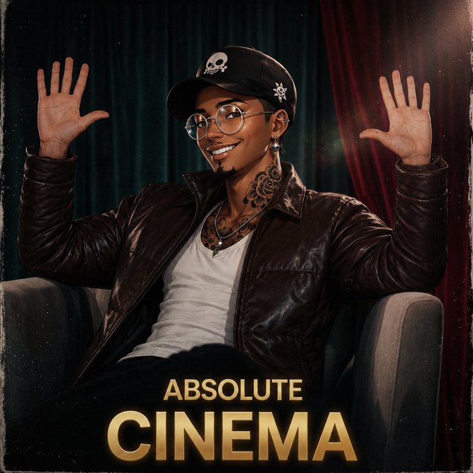 A stylized portrait illustration of a smiling young man wearing glasses, a black skull cap, and a leather jacket, with both hands raised; the bottom text reads 'ABSOLUTE CINEMA'.