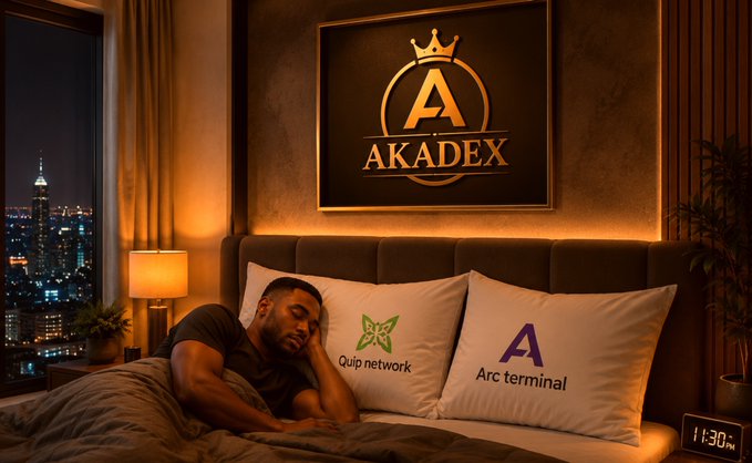 A man rests in bed beneath a glowing "AKADEX" sign, with a "Quip network" pillow and an "Arc terminal" pillow beside him as a digital clock reads "11:30 PM," visually reinforcing the post's nighttime endorsement of Quip Network's vision to connect idle computing power.