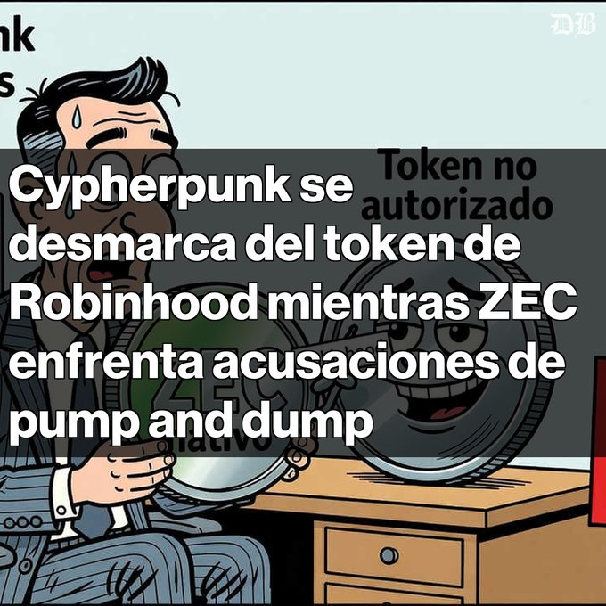 A cartoon illustration showing a distressed man with sweat drops, with Spanish text overlay reading "Cypherpunk se desmarca del token de Robinhood mientras ZEC enfrenta acusaciones de pump and dump."