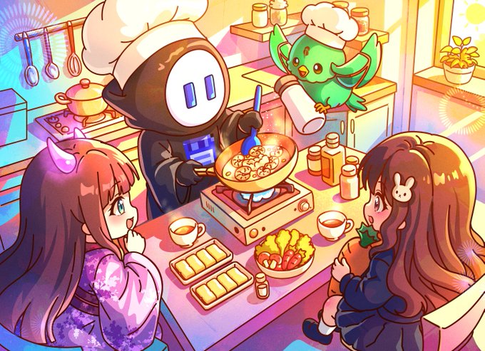 Colorful anime-style illustration of two girls, a hooded character, and a green bird wearing chef hats cooking together in a bright kitchen.