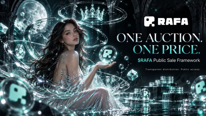 A promotional image featuring a woman holding a glowing orb with the text 'RAFA', 'ONE AUCTION. ONE PRICE.', and '$RAFA Public Sale Framework'.
