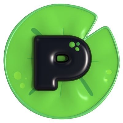 A green glossy circular logo with a black letter 'P' in the center and small green dots on the letter, set against a white background.