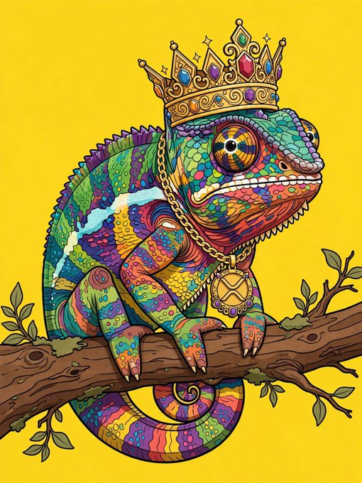 A vibrant, colorful illustration of a chameleon wearing a jeweled crown and a medallion necklace, perched on a tree branch against a bright yellow background.