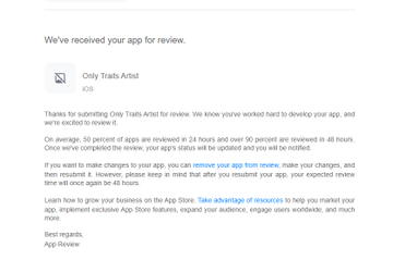 An App Store review confirmation email from 'Only Traits Artist' stating 'We've received your app for review' and providing standard timeline and review process information.