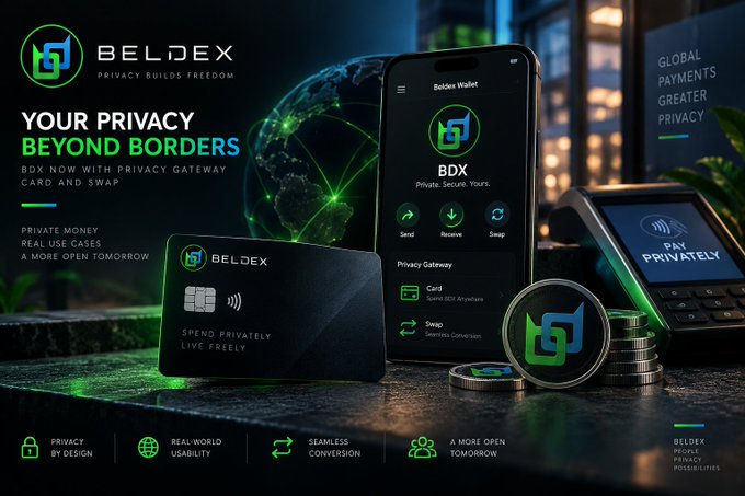 A promotional graphic for Beldex (BDX) showcasing their privacy wallet app on a smartphone, a privacy card, and a coin, with slogans like 'YOUR PRIVACY BEYOND BORDERS' and 'PRIVACY BUILDS FREEDOM'.