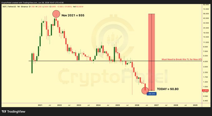 A TradingView monthly candlestick chart for DOT/USDT on Binance shows the price collapsing from its Nov 2021 all-time high of $55 down to $0.80 today, with a red circle highlighting the -98.54% drawdown, visually reinforcing the brutal loss of nearly 99% for those who bought at the top.