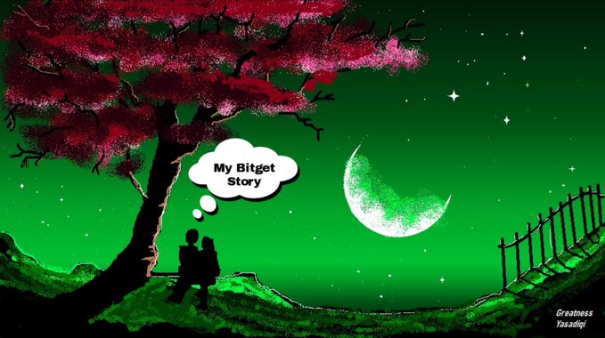 An illustration of two figures sitting under a pink tree against a green night sky, with a thought bubble reading 'My Bitget Story'.