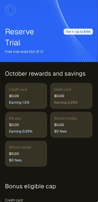 A mobile app screen displays 'Reserve Trial' with a 'Free trial ends Oct 31' notice and 'October rewards and savings' showing $0.00 balances for credit card, debit card, bill pay, and Bitcoin categories.