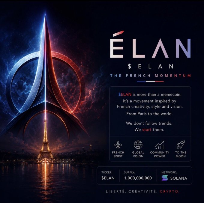 The image features a poster for the cryptocurrency coin, ELAN. The poster includes an illustration of the Elan logo, which consists of two red circles connected by a blue line. The background of the poster displays a city skyline at night with the Elan logo in the center. Below the logo, there is text that reads "The French Momentum" and "Solana". The image also contains several other elements related to the coin, such as a Bitcoin symbol, a Bitcoin address, and a Bitcoin quote.