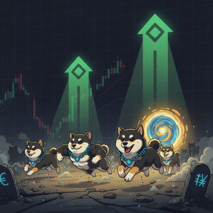 A crypto-themed cartoon illustration featuring muscular Shiba Inu dogs wearing blue gem necklaces charging forward, with green upward-pointing arrows, a candlestick chart, and a swirling portal in the background.