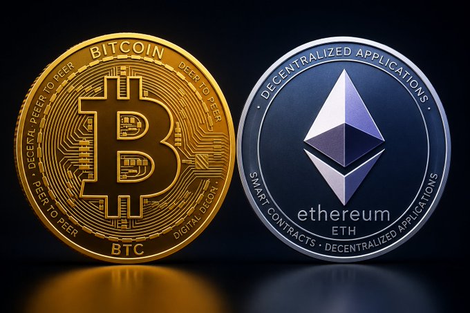 A 3D render displaying gold Bitcoin and silver Ethereum cryptocurrency coins side by side on a dark reflective surface, with 'DECENTRAL PEER TO PEER', 'BITCOIN', 'BTC' on the Bitcoin coin and 'DECENTRALIZED APPLICATIONS', 'SMART CONTRACTS', 'ethereum', 'ETH' on the Ethereum coin.