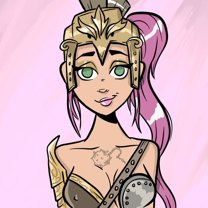 A digital illustration of a female warrior character with blonde hair, green eyes, and armor accessories, featuring pink hair extensions and a cat tattoo on her chest against a pink background.