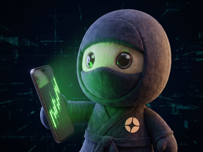 3D rendered image of a cute cartoon ninja character in dark clothing holding a smartphone displaying a green audio waveform.