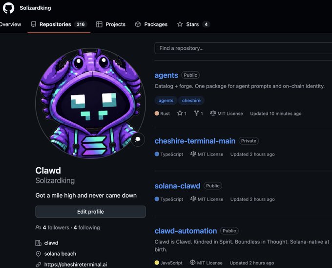 A GitHub profile page for 'Solizardking' with username 'Clawd' showing 316 repositories, 4 stars, and a purple cartoon crustacean avatar, featuring repos like 'agents', 'cheshire-terminal-main', and 'solana-clawd'.