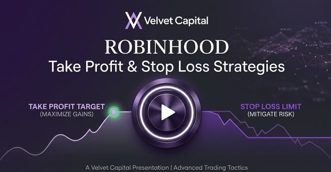 A purple-themed thumbnail from Velvet Capital titled "ROBINHOOD: Take Profit & Stop Loss Strategies," featuring a central play button flanked by "TAKE PROFIT TARGET (MAXIMIZE GAINS)" on the left and "STOP LOSS LIMIT (MITIGATE RISK)" on the right, with a wavy trading line graph running across the bottom and "A Velvet Capital Presentation | Advanced Trading Tactics" at the base. The image visually reinforces the post's announcement that Limit Orders are now live on Robinhood with VelvetX, illustrating the new ability to set automated Take Profits and Stop Losses to lock in gains and manage downside risk.