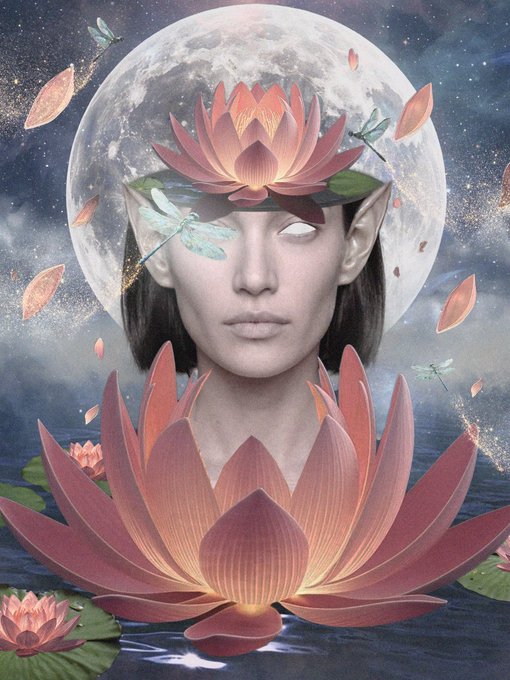 A surreal digital artwork depicting a serene figure with pointed ears and a lotus flower for a crown, set against a large full moon with dragonflies and pink lotus blossoms.