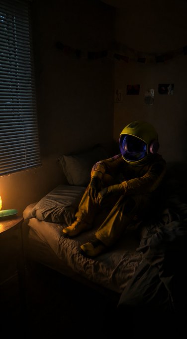 An astronaut in a yellow suit with a reflective blue visor sits hunched on the edge of a bed in a dimly lit, moody room lit only by a small warm lamp.