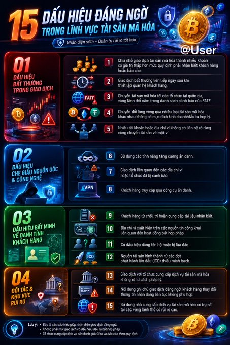 An infographic in Vietnamese titled '15 DẤU HIỆU ĐÁNG NGỜ TRONG LĨNH VỰC TÀI SẢN MÃ HÓA' (15 suspicious signs in the crypto asset field) listing red flags across four categories.