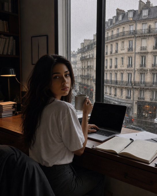 A young woman with long dark hair holds a mug while sitting at a desk with a laptop and open notebook, looking out a window at rainy Parisian-style buildings.