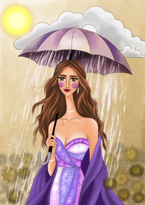 A woman stands beneath a purple umbrella in the rain while the sun shines brightly in the corner, dressed in a flowing purple gown that echoes the artwork's title "Between Sun & Rain." The illustration, created by Sama (@sama_art_2) and collected on objkt.com, beautifully captures the emotional duality the artist describes—finding beauty and harmony in contrasting elements like sunshine and storms.