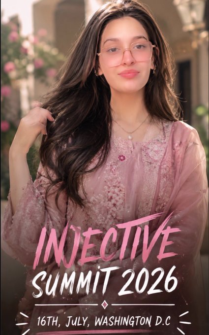 A stylish young woman with long brown hair and pink-tinted glasses stands in front of pink florals, wearing an embroidered pink traditional outfit, while promotional text overlays read "INJECTIVE SUMMIT 2026 - 16TH, JULY, WASHINGTON D.C."

The image serves as a promotional graphic for the Injective Summit 2026 event happening July 16th in Washington D.C., with the elegant portrait paired with the event branding to attract attention to the gathering of policymakers, crypto leaders, and business figures in the U.S. capital.