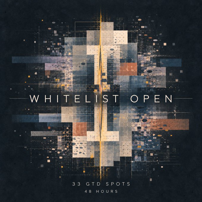 A pixelated digital artwork displaying the text "WHITELIST OPEN," "33 GTD SPOTS," and "48 HOURS," directly mirroring the promotion's limited-spots, time-sensitive call to action. The glitchy, mosaic-style design reinforces the crypto/tech aesthetic of the whitelist campaign.