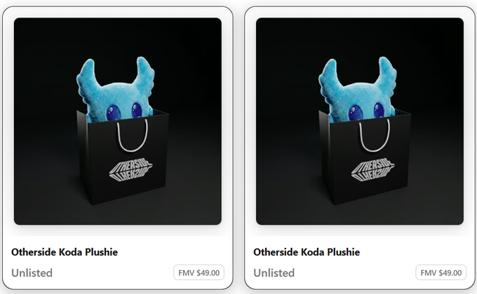 Two identical "Otherside Koda Plushies" listings, each marked as "Unlisted" with an FMV of $49.00, shown as blue plush creatures inside black shopping bags branded with the "Otherside" logo, representing prizes added to the Brace Arcade Prize Pool.