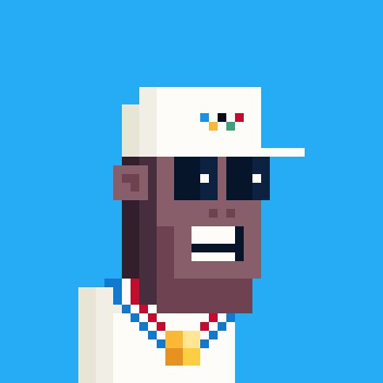 A pixel art NFT character with a dark complexion, large white teeth, sunglasses, a gold chain with a pendant, and a white cap, set against a solid blue background.