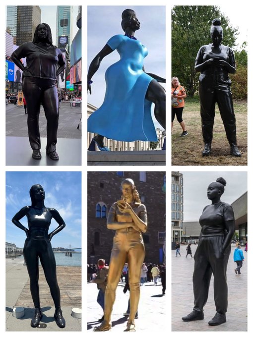 A collage of six large bronze and painted statues depicting ordinary women in everyday poses, placed in various public spaces around the world. The image illustrates the post's criticism of large monuments honoring non-historical figures without specific commemorative purpose, showing these oversized statues in urban and waterfront settings.