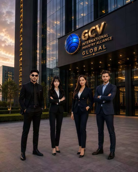 Four professionally dressed individuals standing in front of a modern glass building with a sign reading 'GCV International Industry Alliance Global'.