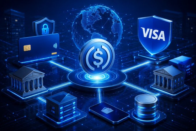 The image depicts a glowing digital illustration featuring a central dollar coin surrounded by a network of interconnected elements: a credit card with a padlock, a Visa shield logo, a smartphone, bank buildings, and a digital globe—all rendered in blue neon light to symbolize secure global finance. The text "VISA" is visible on the shield, directly tying into the post's announcement of Visa launching a stablecoin platform to bring stablecoins to billions of users.