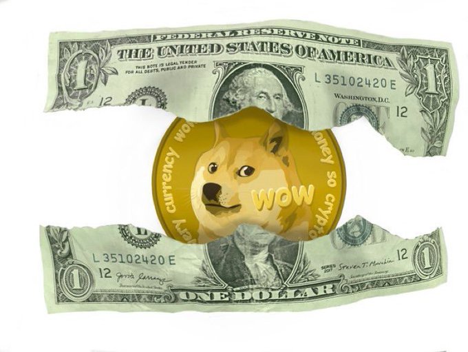A torn US one-dollar bill reveals a Dogecoin coin featuring the Shiba Inu dog with 'wow' text, surrounded by the words 'currency', 'money', 'so crypto'.