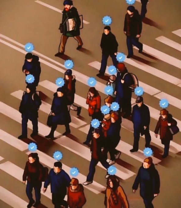 An isometric illustration of people crossing a zebra crosswalk, each marked with a blue Twitter verification checkmark icon.