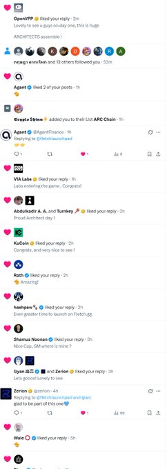 A social media feed displaying replies from various users like 'OpenPP', 'Agent', 'VIA Labs', and 'Zorion', mentioning topics such as ARCHITECTS assembly, Filetti.gg, and art.
