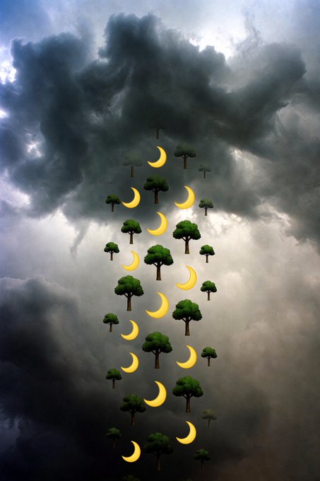 A surreal digital artwork showing a vertical stream of yellow crescent moons and green trees floating against a dramatic, cloudy gray sky.