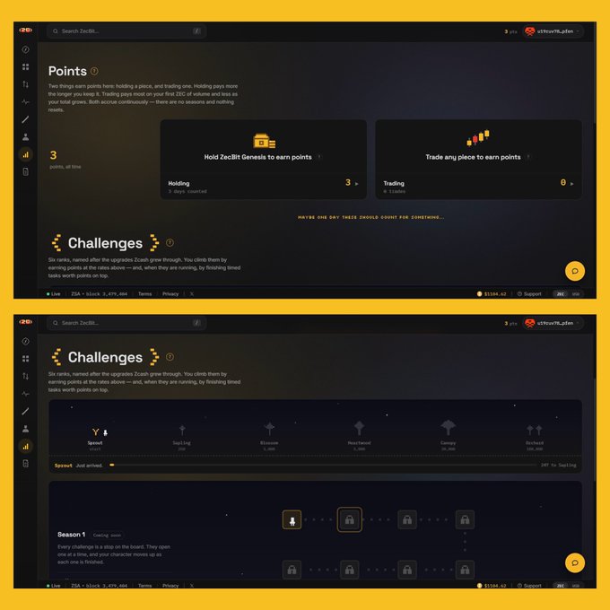Two screenshots of a dark-themed 'ZecBil' dashboard interface showing 'Points' (with Holding and Trading sections) and 'Challenges' (with ranks like Sprout, Sapling, Overseer, and Season 1 tasks).