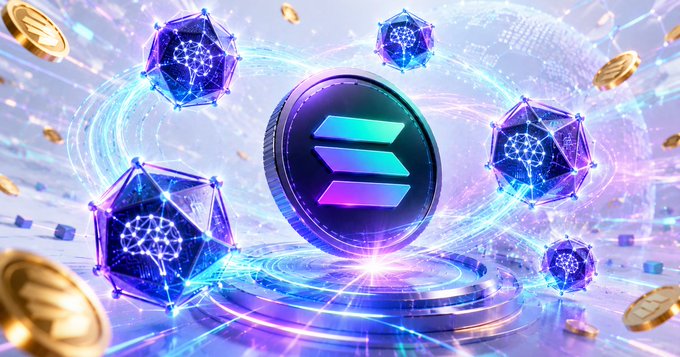 A digital 3D rendering of a Solana (SOL) cryptocurrency coin surrounded by glowing purple geometric brain-like structures, floating gold coins, and vibrant blue and purple energy effects.