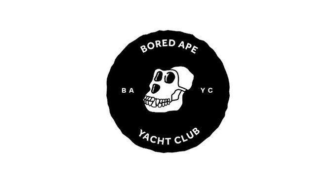 The image shows a black and white logo for "Bored Ape Yachts Club", a yacht club. The logo features an upside-down skull with a wide smile, accompanied by the text "Bored Ape Yachts Club". This design is prominently displayed at the bottom of the post.