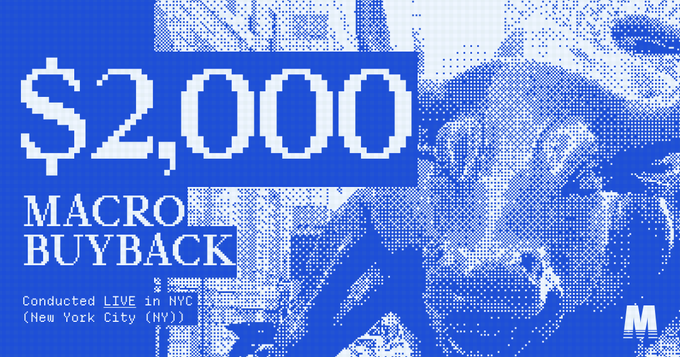 Blue promotional graphic with pixelated text reading '$2,000 MACRO BUYBACK' and 'Conducted LIVE in NYC (New York City) (NY)' alongside an 'M' logo.