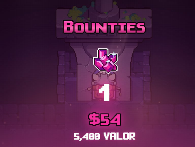 Pixel art video game UI titled 'BOUNTIES' displaying a glowing chest containing a crystal item worth $54 or 5,400 VALOR.