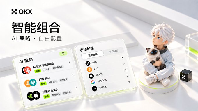 An advertisement for OKX cryptocurrency trading platform displays Chinese text "智能组合" and "AI 策略" alongside a 3D-rendered character holding a Siamese cat, with interface panels showing crypto pairs like OKB, BTC, and xAAPL.