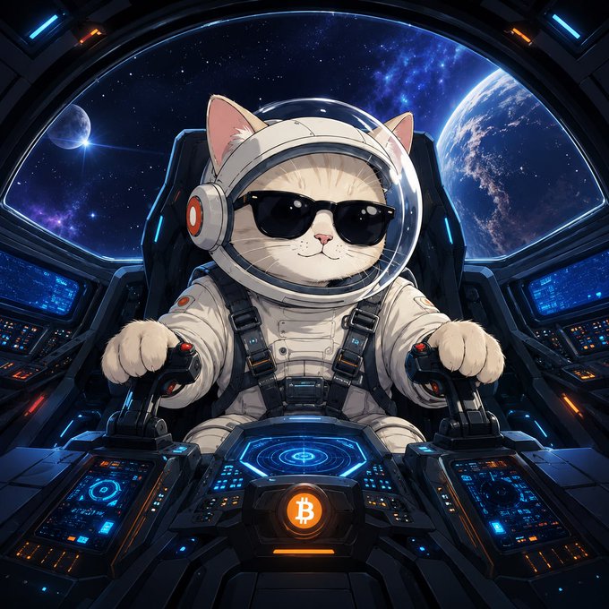 A cool cat astronaut in shades pilots a spaceship cockpit through space, with a Bitcoin (₿) logo prominently displayed on the central console—fitting the "gm" and "stay bullish" vibe by presenting crypto as the ultimate moonshot mission.