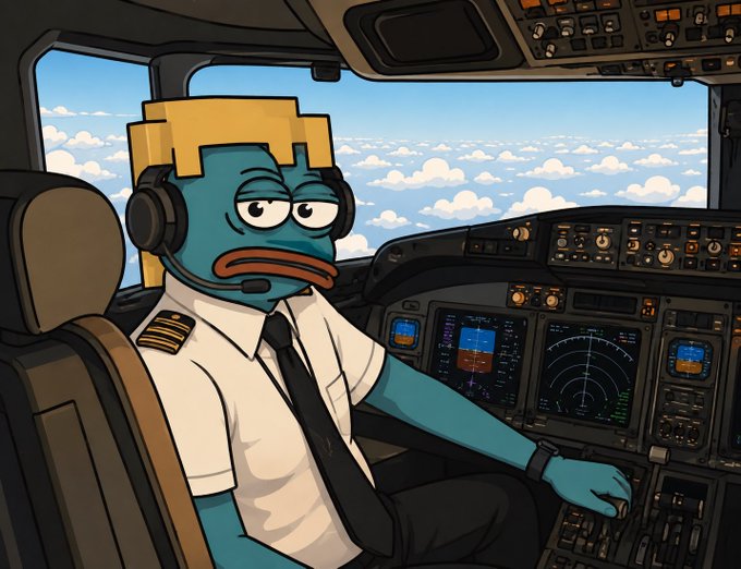 A cartoon illustration of a blue fish-like pilot with blonde hair wearing a pilot uniform and headset, sitting in an airplane cockpit.